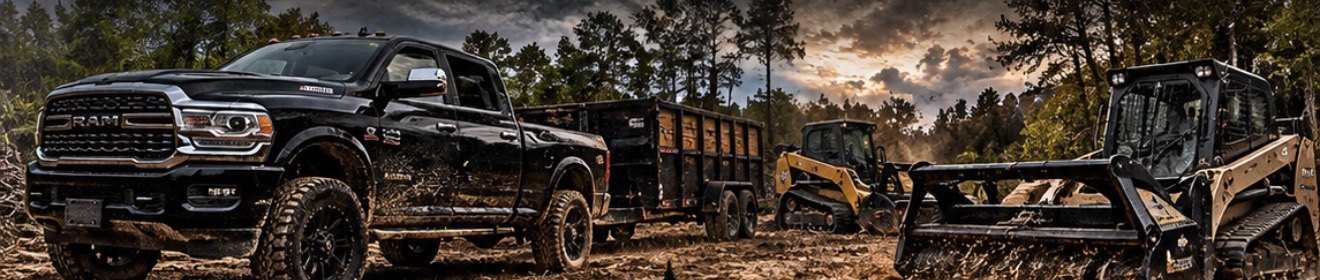 Black pickup with a dump trailer and two tracked skid steers on a cleared site
