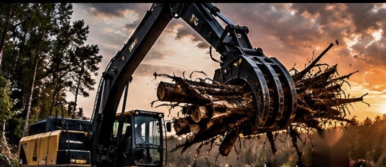 Excavator grapple lifting a bundle of logs and brush