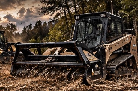 Tracked skid steer with a mulching head on bare dirt