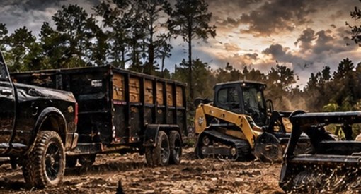 Dump trailer and tracked machine on a cleared dirt site