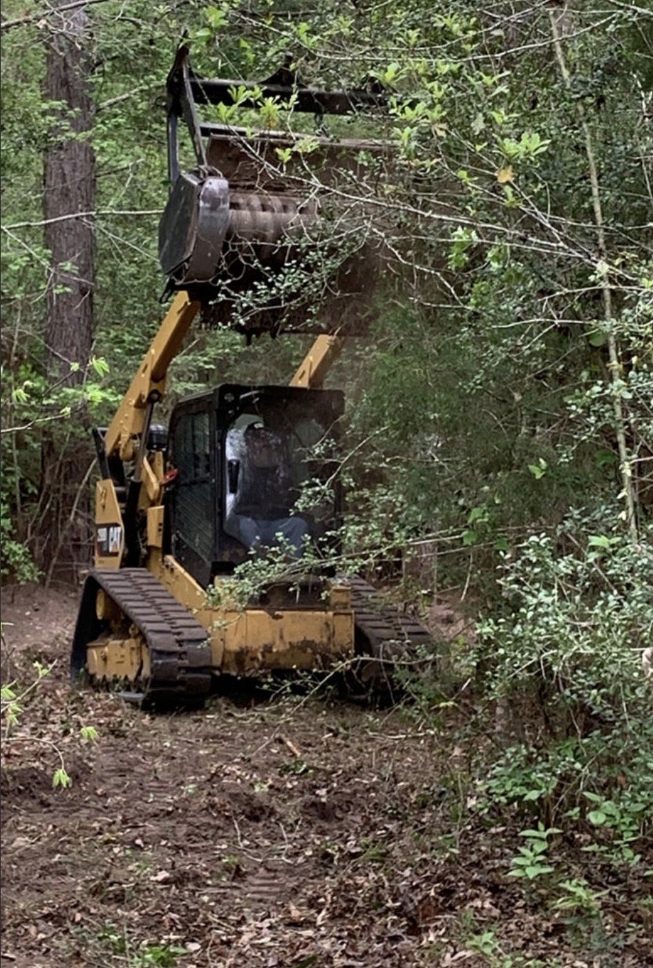Tracked skid steer with a mulching head working through a wooded lot